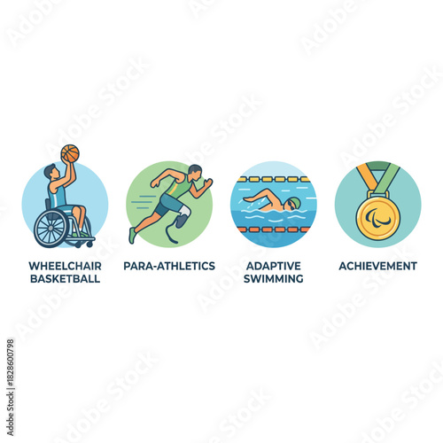 Illustrative icons depicting various adaptive sports and the achievement of athletes.