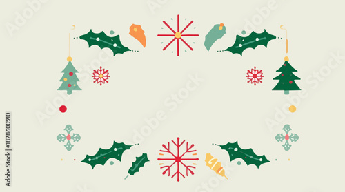 Vector illustration of a Christmas element in a flat design style, featuring a mix of vibrant colors such as red, green, and gold, with bold lines 