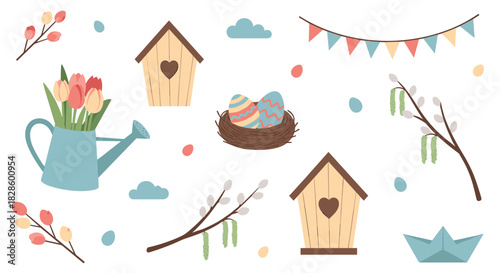 Easter-themed illustration with a watering can, birdhouses, decorated eggs in a nest, and spring greenery against a white background.