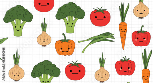 Cute illustrated vegetables pattern, featuring broccoli, tomatoes, carrots, onions, and pumpkin, on a white grid background.