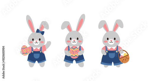 Three adorable Easter bunny characters holding decorated eggs and a basket filled with colorful Easter eggs on a white background, perfect for spring holiday designs and celebrations.