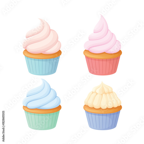 Set of different delicious cupcakes with cream. Fruits cupcakes for design on white background.
