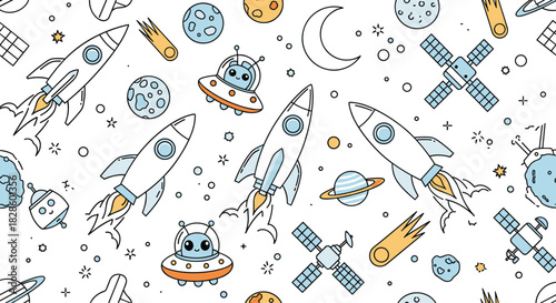 Whimsical Space-Themed Seamless Pattern with Rockets, Aliens, and Planets, Ideal for Designs and Backgrounds.