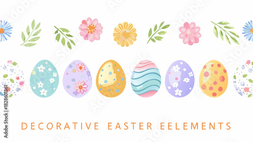 A charming collection of decorative easter eggs and floral elements in soft pastel colors perfect for spring celebrations and designs