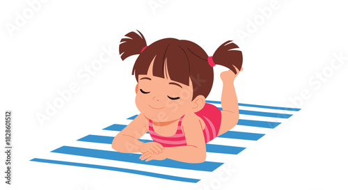 A young girl relaxes on a striped beach towel, enjoying a sunny day at the beach or park, wearing a pink swimsuit, with her eyes closed and a peaceful expression.