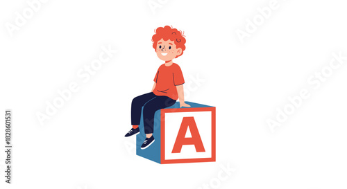 A young child with red curly hair sits atop a large alphabet block with the letter A printed on it.