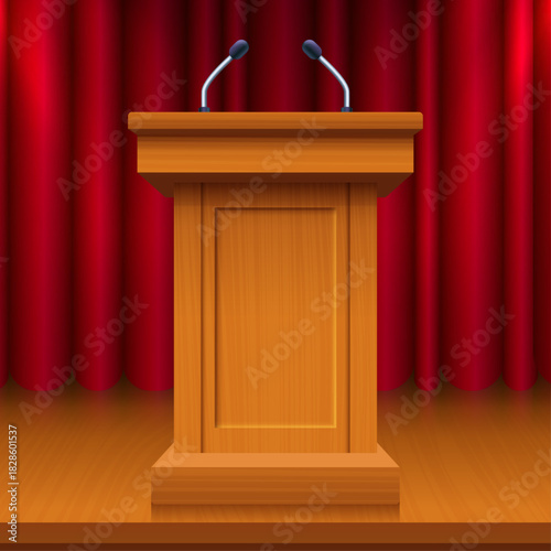 Press conference with microphones on tribune vector illustration. Journalism, interview, public speech concept.
