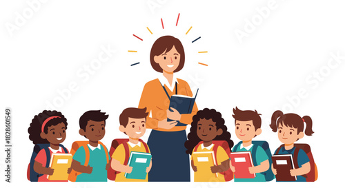 A diverse group of students listens attentively to their teacher reading a book, symbolizing education and knowledge sharing.