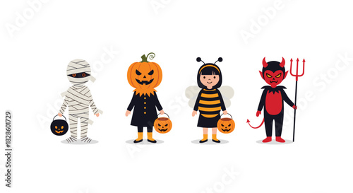 Cute children in Halloween costumes, trick-or-treating with pumpkin pails, isolated on white background.