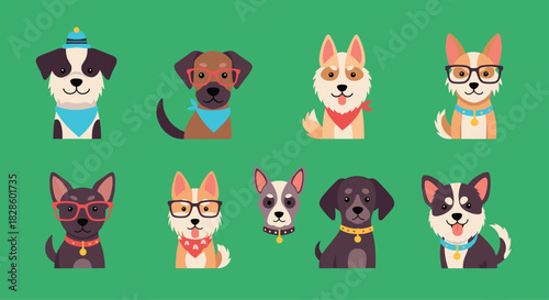 A collection of cartoon dogs, each with unique accessories and personalities, displayed against a vibrant green background, perfect for various creative projects, designs, and illustrations.