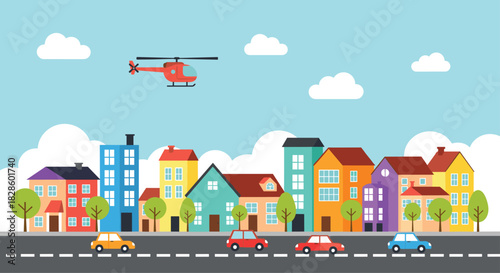 Cityscape with colorful houses, cars, helicopter, and clouds against a blue sky, suitable for illustration or design projects, and conveys concepts of urban life, transportation, and weather.
