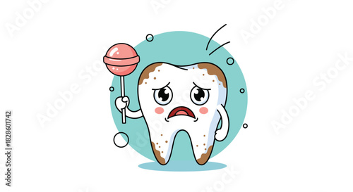A sad, cartoon tooth with cavities holds a lollipop, surrounded by bubbles, symbolizing dental health issues and sweets.