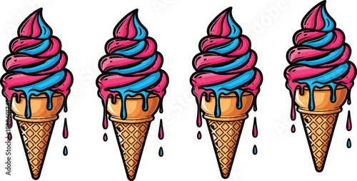 Melting ice cream cones, vibrant pink and blue swirls, summer dessert illustration, cartoon style, dripping waffle cones, colorful treat design