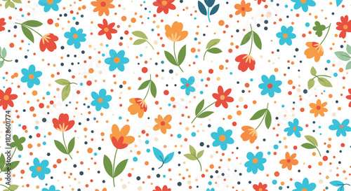 Colorful floral pattern with scattered flowers, leaves, and dots on a white background, perfect for spring designs and textiles.