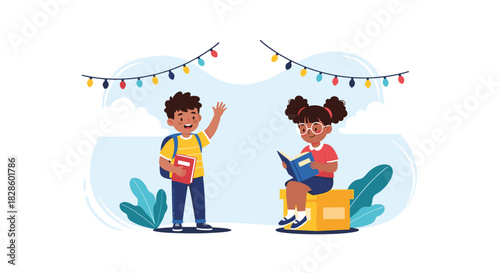 Two diverse children interacting in a cheerful scene with festive lights, books and smiles.