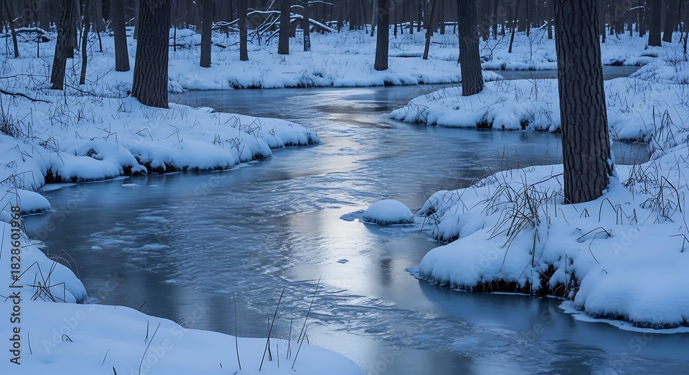 Fototapeta premium Winter Stream Flowing Through Snowy Forest river