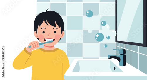 A young boy brushing his teeth in a bathroom, promoting good oral hygiene practices and dental care habits for kids.