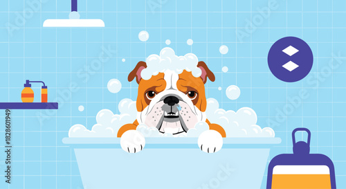 Cute bulldog enjoying a bubble bath in a blue tiled bathroom, looking sad and soapy, with a blue logo on the wall.
