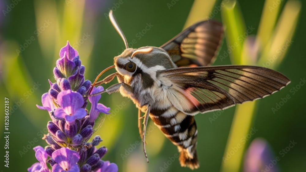 Obraz premium A hummingbird hawkmoth feeding on lavender flowers in a lavender field.