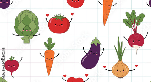 Playful cartoon illustration of various smiling vegetables on a grid background.