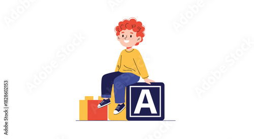 A young child with red curly hair sits on toy blocks, one displaying the letter A, representing early education and learning.
