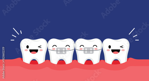 Cute cartoon teeth with braces smiling on a blue background, representing dental health and orthodontics, perfect for health and medical content designs, and ads about dental care.