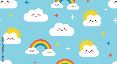 Playful pattern featuring rainbows, clouds, suns, and stars, perfect for a cheerful design project, wallpaper, or background texture.