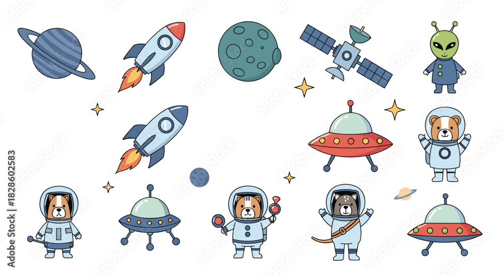 Naklejka premium Cute cartoon space elements including rockets, planets, aliens, and astronaut animals with UFOs, perfect for children's designs or space-themed projects.