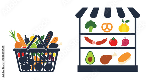 A grocery basket brimming with fresh produce and a store with various food items on shelves, symbolizing shopping and healthy eating.