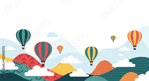 Colorful hot air balloons floating over abstract landscape under a bright sky, perfect for travel and adventure themes.