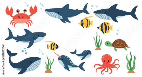 An adorable illustration of various sea creatures swimming underwater, perfect for children's books and educational materials.
