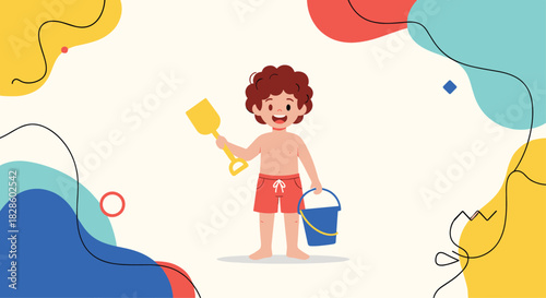 A cheerful cartoon boy on the beach with a shovel and bucket, enjoying summer vacation fun in colorful surroundings.