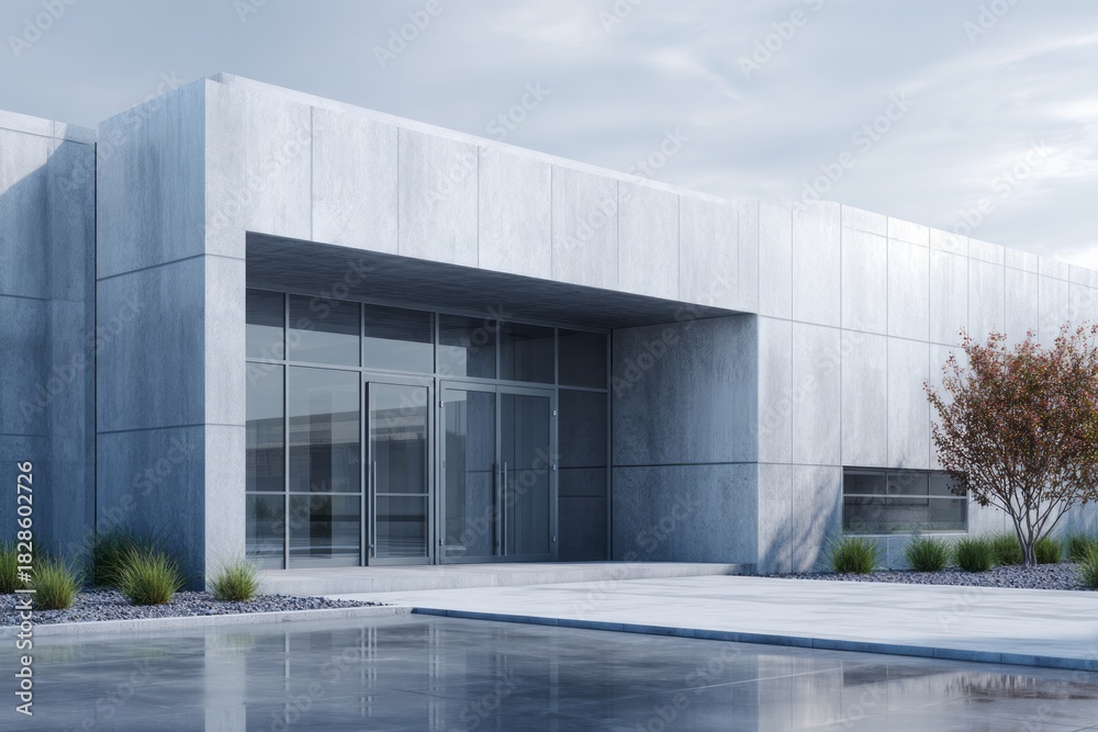 Obraz premium Modern architectural building with glass doors and concrete facade.