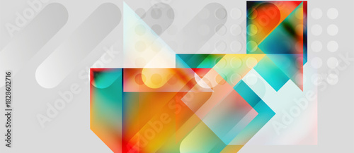 Abstract geometric shapes overlap, creating vibrant color blends. Composition features translucent layers, gradients, modern design elements.