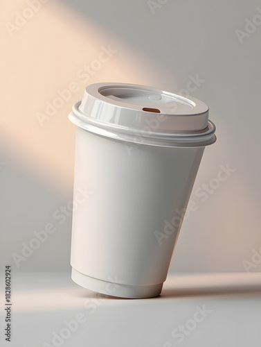 A white paper coffee cup with a lid stands against a white background