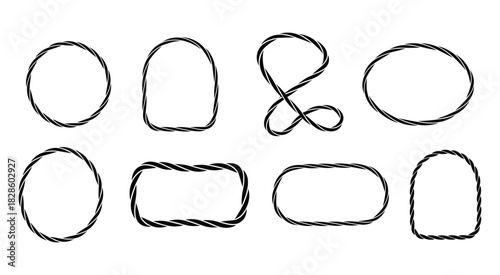 Collection of eight Vector illustration black twisted rope frames on white background