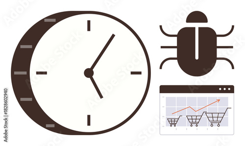 Clock with ticking hands, insect icon, and shopping cart analytics in a browser window. Ideal for efficiency, debugging, e-commerce, time management, strategy, productivity simple flat metaphor