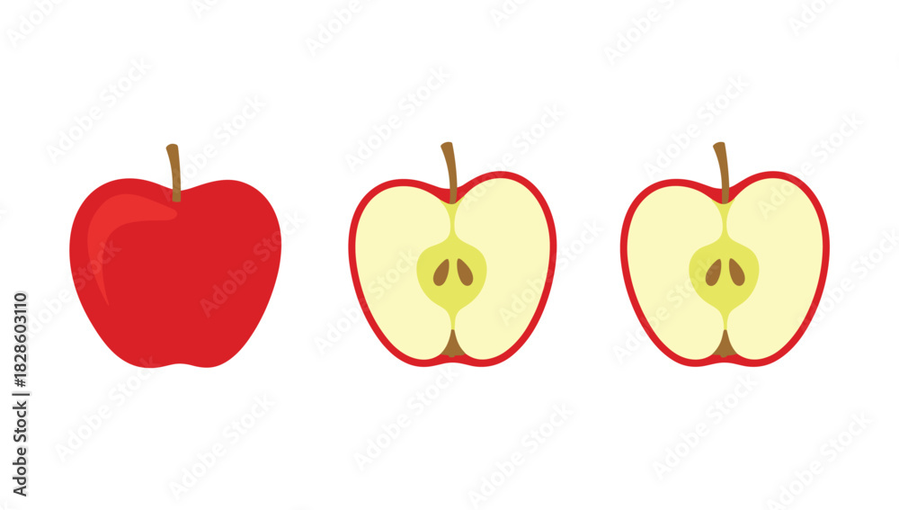Obraz premium Red apple whole and cut in half with seeds Vector illustration