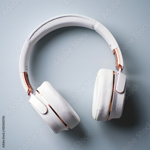 White and rose gold wireless headphones on a light blue background from above
