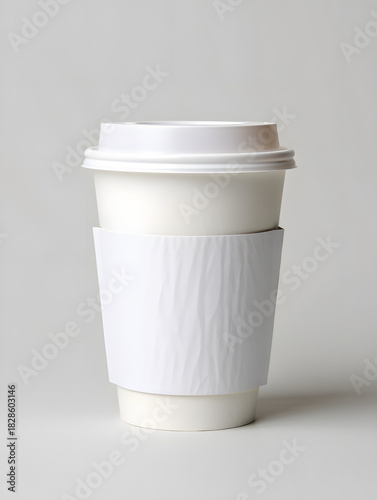 White paper coffee cup with lid and corrugated cup sleeve isolated on white background