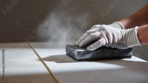 Close-up of manual wood sanding as gloved hands smooth a light wooden surface. Fine dust highlights the precision of carpentry work and detailed wood processing