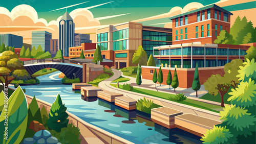 Very beautiful panoramic view of Greenville, South Carolina, featuring the Reedy River flowing through downtown, modern buildings, tree-lined walkways, and soft atmospheric lighting in a clean, neutra