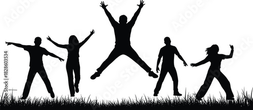 Silhouette group of people jumping and celebrating outdoors on grass, expressing joy, freedom, teamwork, happiness, unity, energy, movement, and positive lifestyle.