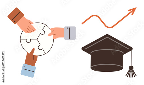 Hands assembling puzzle, upward arrow graph, and graduation cap represent teamwork, progress, education, success, goal-setting, career growth and innovation. Ideal for workplace strategy and simple
