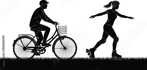 Silhouette illustration of a man riding a bicycle and a woman rollerblading outdoors, showcasing active lifestyle, fitness movement, recreation, balance, speed, and freedom.