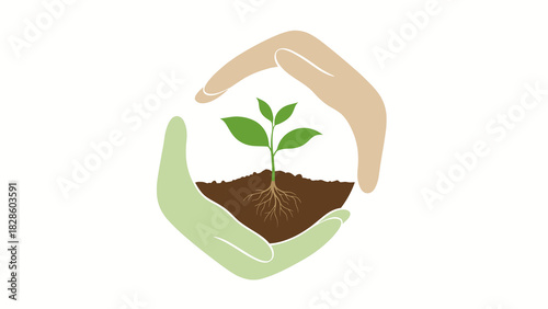 Vector illustration of hands protecting growing plant for environment care