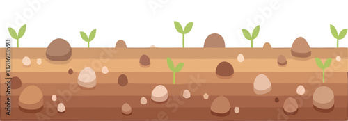Illustration of soil layers with plants growing and stones cartoon
