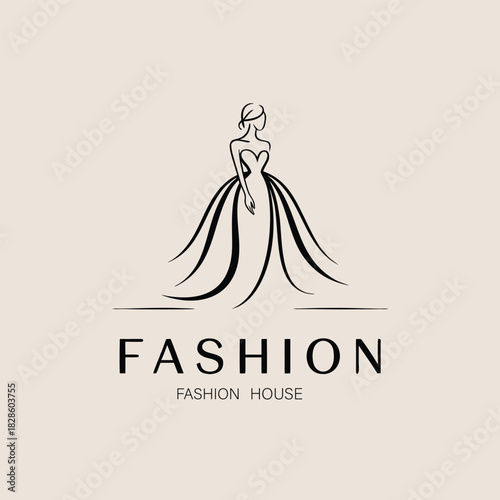Fashion house logo design with woman in elegant dress