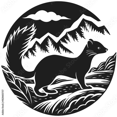 Stylized silhouette of a stoat standing in a mountainous forest landscape at dusk