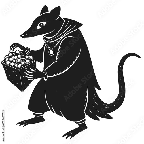 Whimsical anthropomorphic rat character wearing a hooded robe holding a box filled with round objects